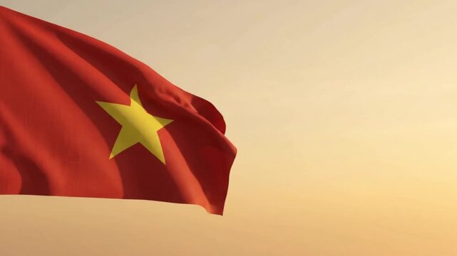 Vietnam Independence Day Flag Waving Against Golden Sunset