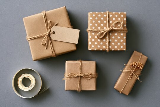 Wrapped Christmas Gifts Flat Lay with Festive Holiday Decor