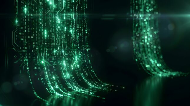 Green digital rain background with binary code and circuit board elements