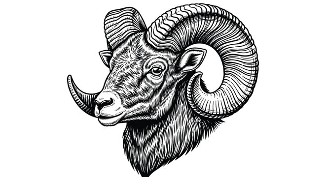 Highly detailed black and white engraving style illustration of a bighorn ram head with large spiraling textured horns.