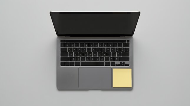 Yellow adhesive note placed on open laptop on gray background top view representing reminder and productivity concept yellow adhesive note on open laptop on gray background top view computer yellow