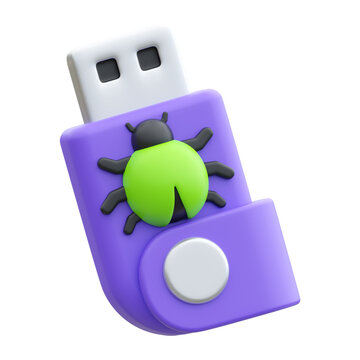 3D infected USB flash drive icon with bug virus, malware and infected hardware render