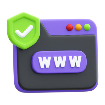 3D secure website browser icon with shield checkmark and WWW label, safe web browsing render