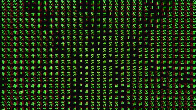 Abstract digital background featuring a symmetrical pattern of green percent symbols and hash marks arranged in a precise grid formation on a deep black field