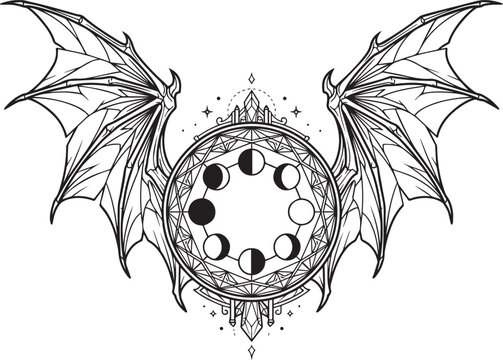 Gothic bat wings framing celestial crystal orb line art vector
