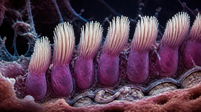 Microscopic view of auditory hair cells in the cochlea showing stereocilia bundles and purple sensory cell bodies; factual representation of inner ear anatomy and hearing mechanism.