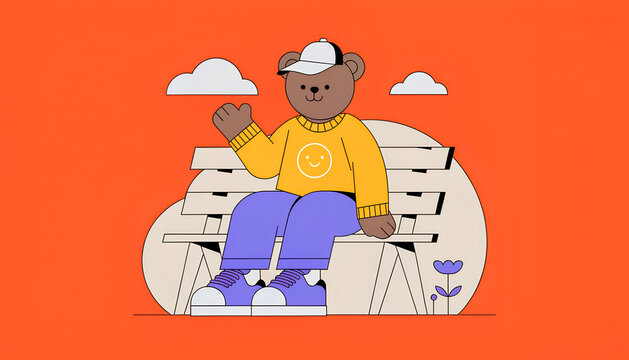 Friendly teddy bear character vector illustration sitting on a park bench wearing a cap and yellow sweatshirt, cheerfully raising a hand to wave hello. See Less
