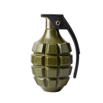 Old olive green hand grenade with textured body and black lever mechanism