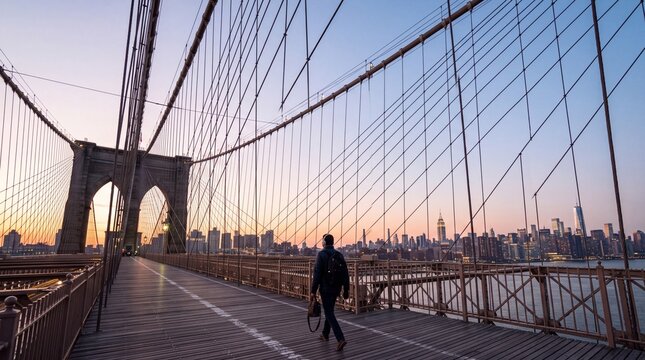 Man Walking on Brooklyn Bridge at Sunrise in New York