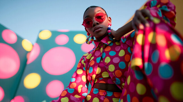 Stylish Young Woman in Colorful Polka Dot Outfit