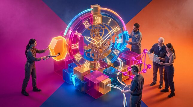 Team of Engineers Building Glowing Neon Clock Mechanism