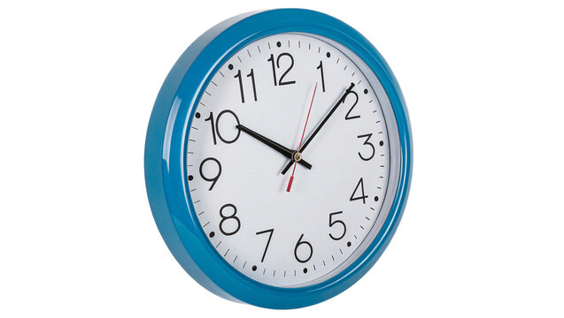 Classic round blue analog alarm clock showing time isolated on transparent background