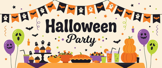 Fototapeta premium Festive Halloween Party Banner with Treats Balloons and Decorations