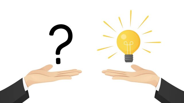 2D vector animation of two hands in business suits on a white background, with a question mark and a light bulb above them, symbolizing problem and solution, idea and decision