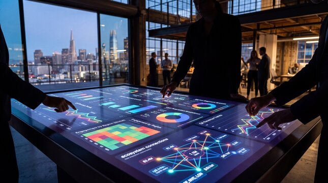 Business Team Analyzing Data on Interactive Digital Touchscreen Table