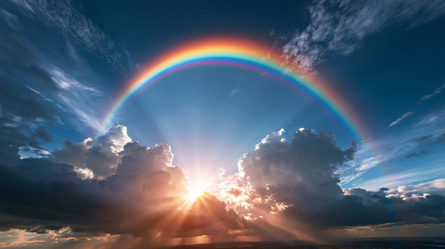 Vibrant Rainbow Over Dramatic Clouds and Glowing Sunlight