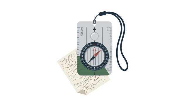 Professional flat illustration of an orienteering baseplate compass and topographical map for outdoor navigation and wilderness exploration