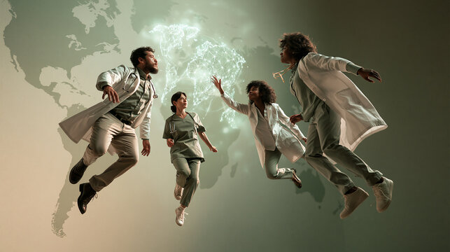 Multiethnic Doctors Floating in Front of Glowing Global Map