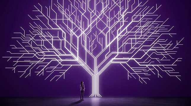 Woman Looking at Glowing Digital Network Circuit Tree