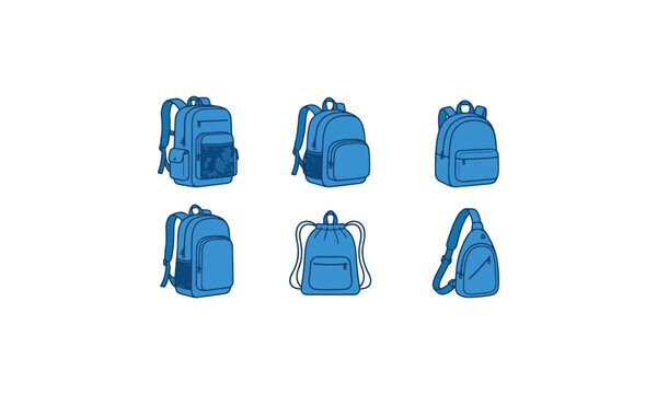 Blue backpack and bag vector icon set on white
