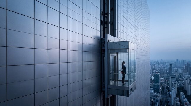Businesswoman in Glass Elevator on Modern Skyscraper Exterior