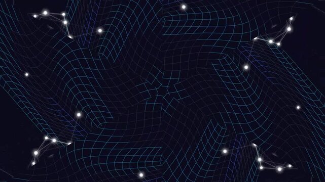 Abstract digital background featuring a dark mesh grid pattern with glowing constellation nodes and connecting lines for futuristic data visualization concepts