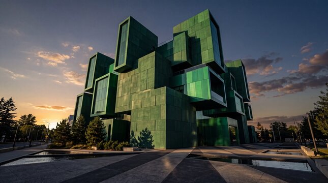 Modern Futuristic Green Cubic Building at Sunset