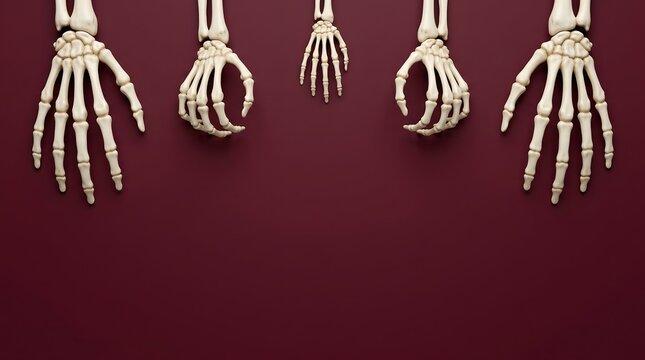 Five human skeletal hands displayed against a deep burgundy background