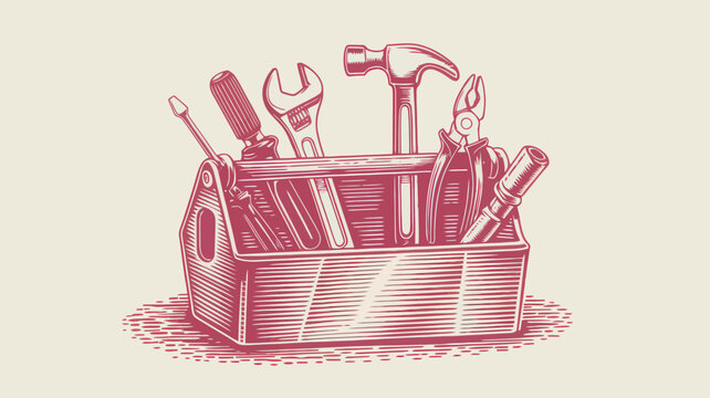 Vintage wooden toolbox illustration, retro hand tools set in a box, classic carpentry equipment vector for repair and construction