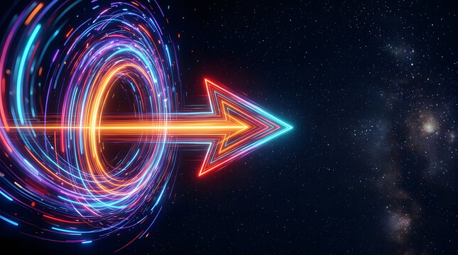 An illustration of a fast moving neon glowing arrow with trailing lines of red, yellow, blue, and purple light against a dark background, symbolizing speed, energy, technology, and progress.