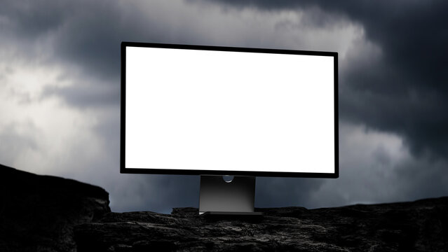 Desktop Monitor Mockup on Rocky Landscape with Cinematic Lighting 3d render