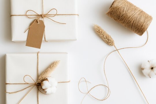 Wrapped Christmas Gifts Flat Lay with Festive Holiday Decor
