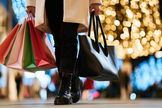 Woman walking with shopping bags. On black friday sale