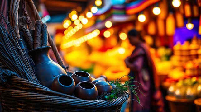 Rustic woven basket and handmade pottery displayed at a sunlit outdoor artisan market