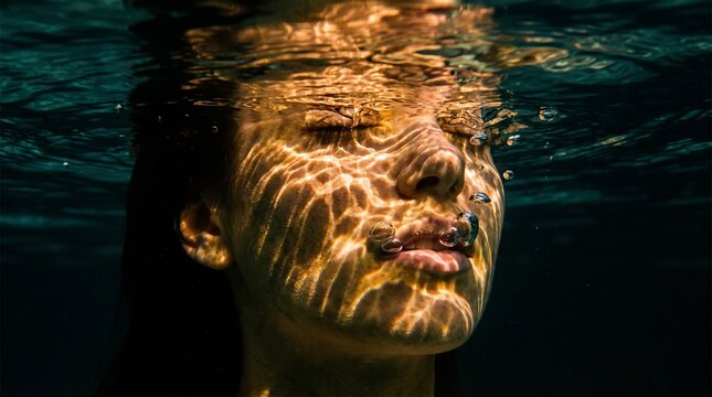 Close-up of a person's face partially submerged in water with beautiful light patterns.