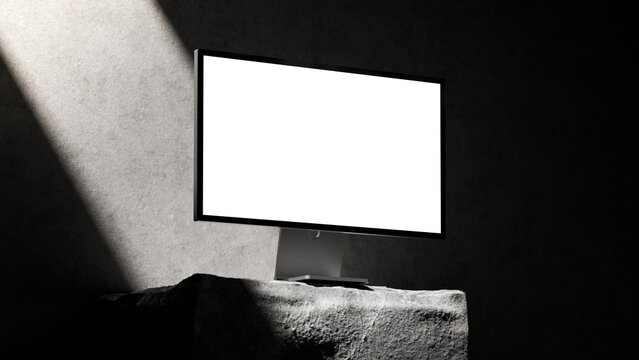 Desktop Monitor Mockup on Stone Pedestal with Dramatic Spotlight 3d render