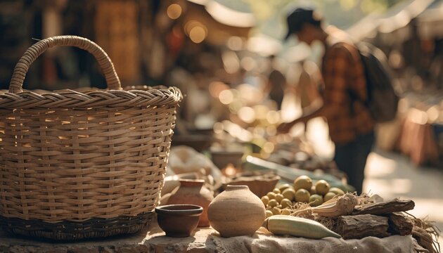 Rustic woven basket and handmade pottery displayed at a sunlit outdoor artisan market