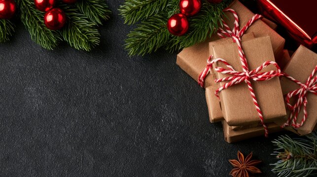 Festive Christmas Decorations Flat Lay with Seasonal Copy Space