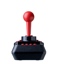 Direct Front View of Classic Red Ball Top Retro Gaming Joystick Isolated on White © stokkete