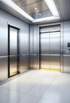 Corporate architecture and modern office interior, empty elevator lobby with stainless steel walls and minimalist design for business building hallway