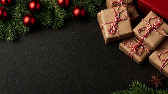 Festive Christmas Decorations Flat Lay with Seasonal Copy Space
