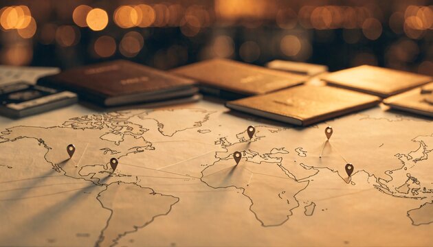World map with location pins and travel journals on a desk in a warm evening atmosphere