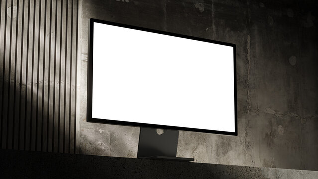 Minimalist desktop monitor mockup on concrete studio background 3d render