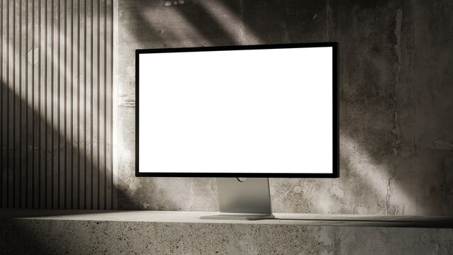 Minimalist desktop monitor mockup on concrete studio background 3d render