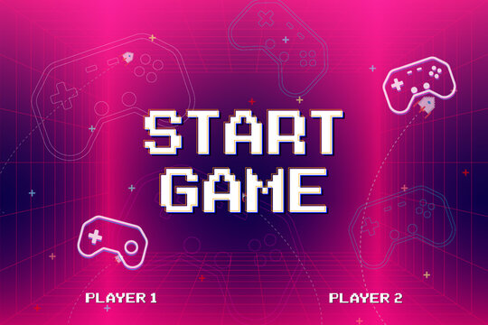 START GAME. Retro Futurism Sci-Fi Background. glowing neon grid and star from vintage arcade computer games