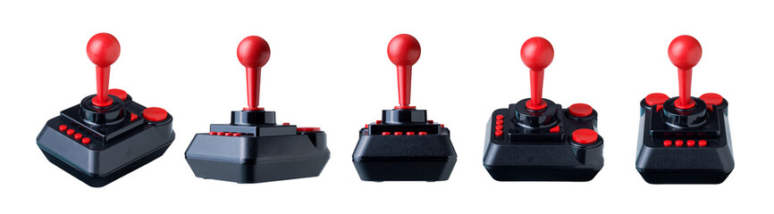 Retro Arcade Joystick Controller Set Showing Multiple Angles Isolated on White Background © stokkete