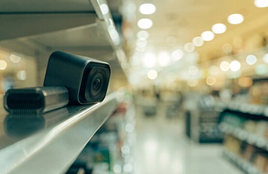 Modern security camera installed on a supermarket shelf monitoring inventory and products