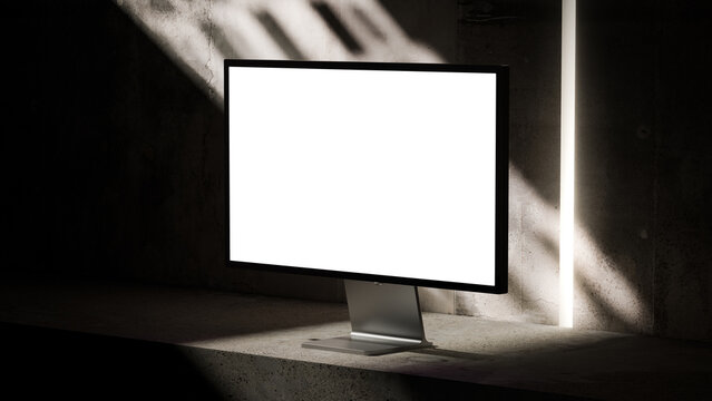 Minimalist desktop monitor mockup on concrete studio background 3d render