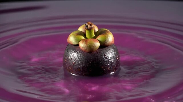 Slow Motion Mangosteen Fruit Falling Into Purple Juice For Beverage Ad