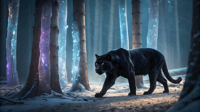 Black panther walking through a mystical forest with glowing trees big cat fairy tale mystical wildlife predator wilderness